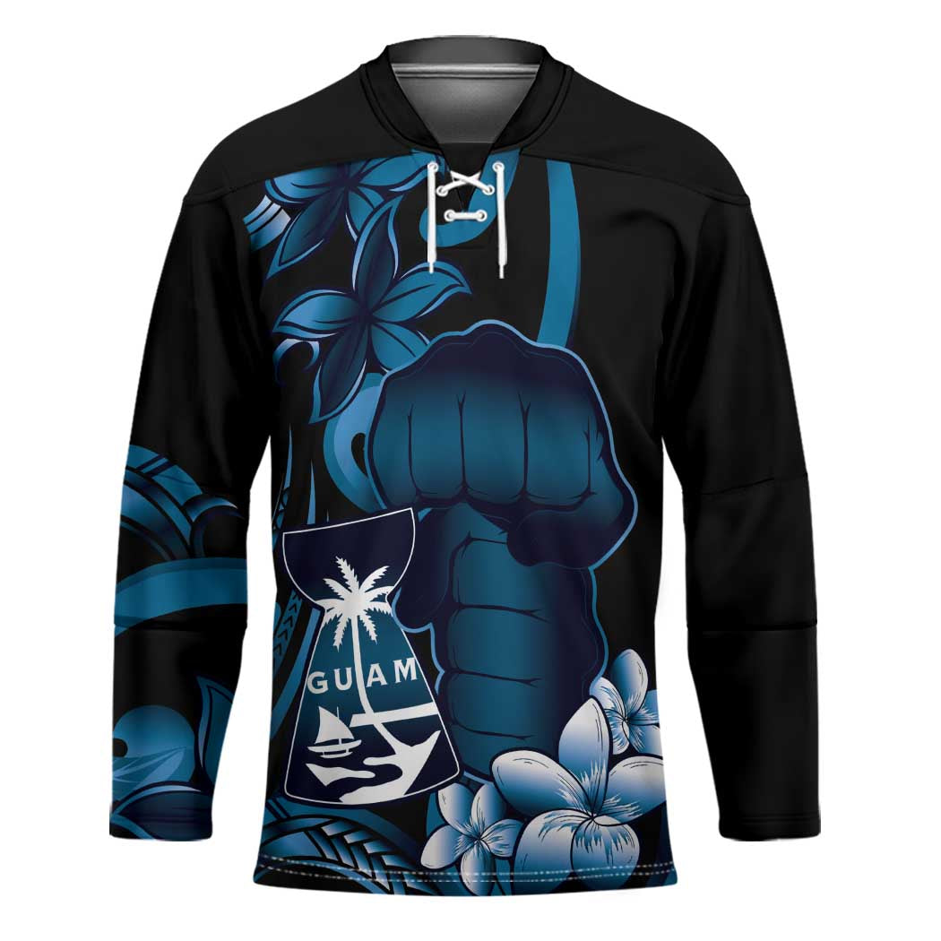 Blue Hafa Adai Guam Hockey Jersey Chamorro Latte Stone Hand With Plumeria - Polynesian Pride