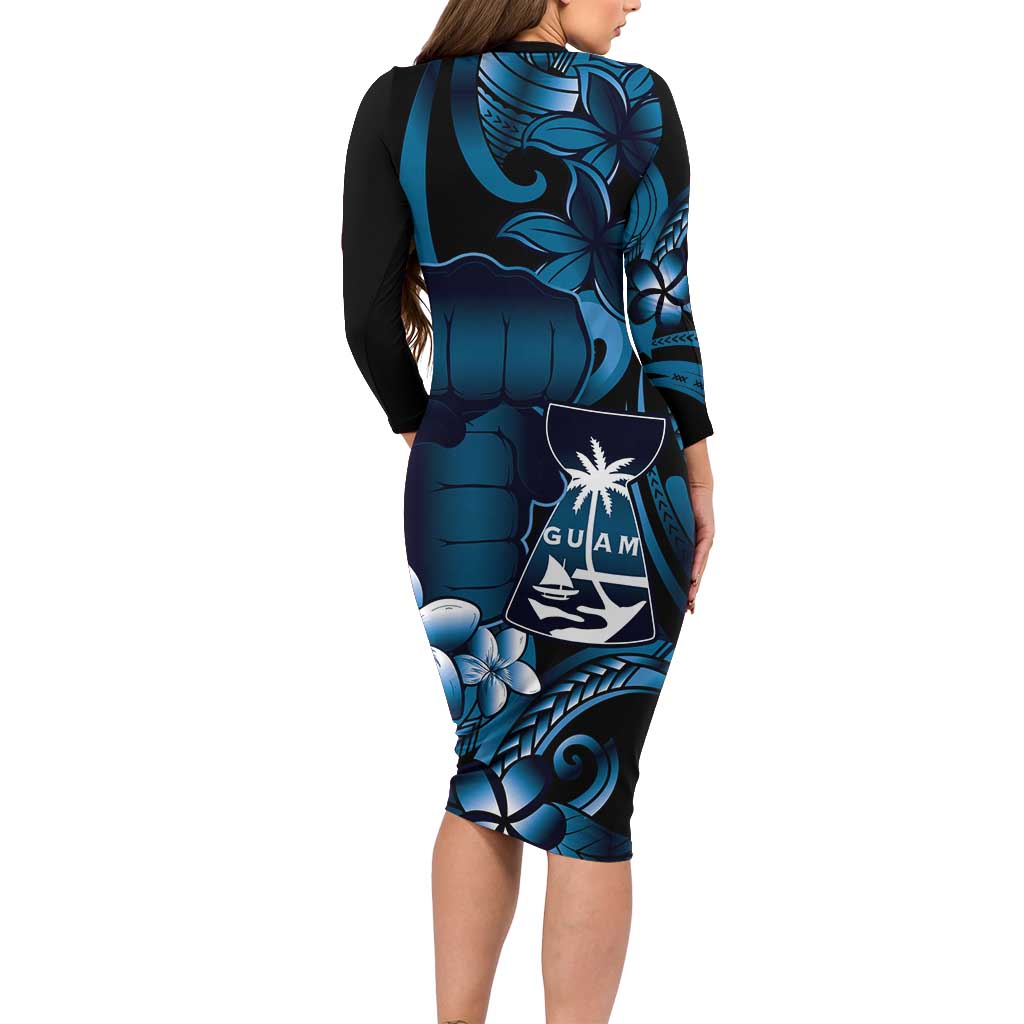 Blue Hafa Adai Guam Long Sleeve Bodycon Dress Chamorro Latte Stone Hand With Plumeria