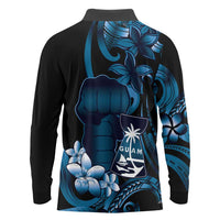 Blue Hafa Adai Guam Long Sleeve Polo Shirt Chamorro Latte Stone Hand With Plumeria