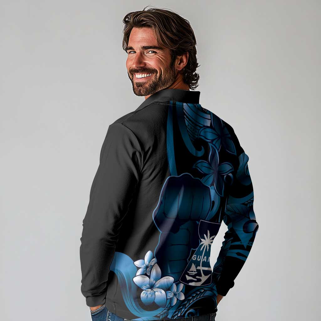 Blue Hafa Adai Guam Long Sleeve Polo Shirt Chamorro Latte Stone Hand With Plumeria