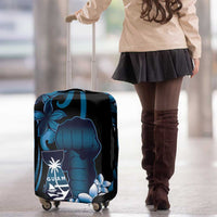 Blue Hafa Adai Guam Luggage Cover Chamorro Latte Stone Hand With Plumeria