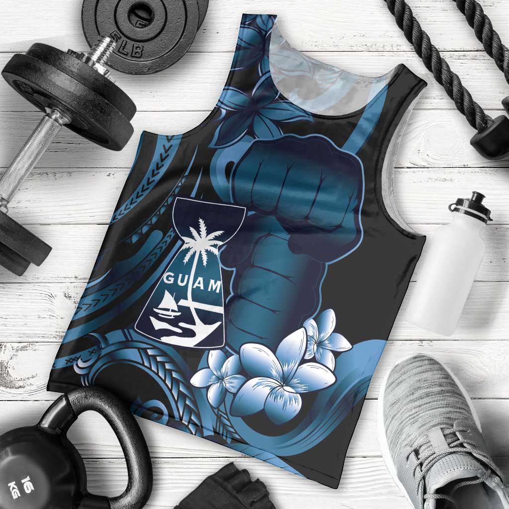 Blue Hafa Adai Guam Men Tank Top Chamorro Latte Stone Hand With Plumeria