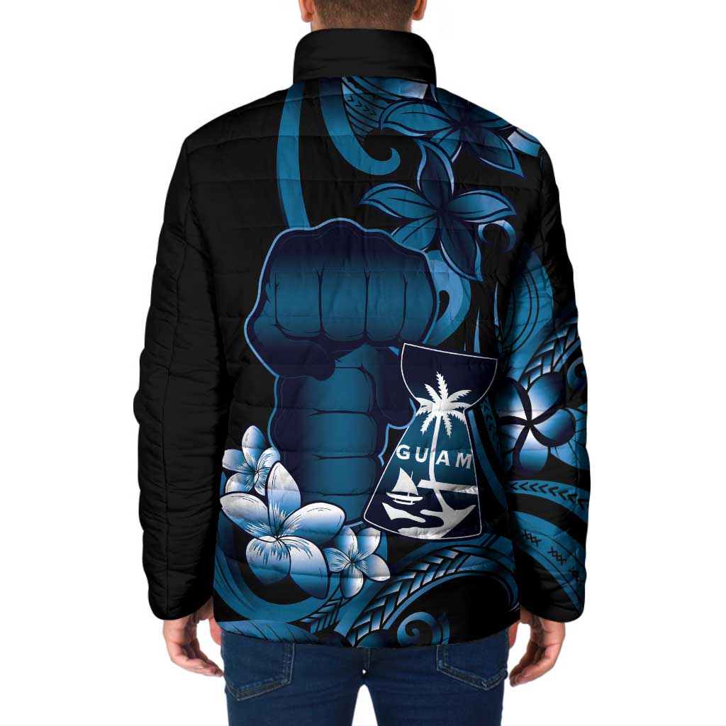 Blue Hafa Adai Guam Padded Jacket Chamorro Latte Stone Hand With Plumeria - Polynesian Pride