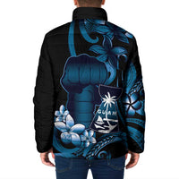 Blue Hafa Adai Guam Padded Jacket Chamorro Latte Stone Hand With Plumeria - Polynesian Pride