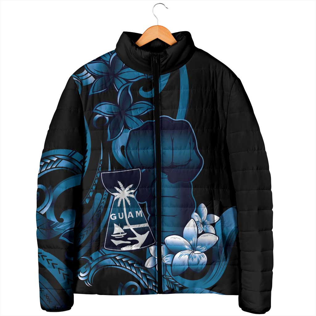 Blue Hafa Adai Guam Padded Jacket Chamorro Latte Stone Hand With Plumeria - Polynesian Pride