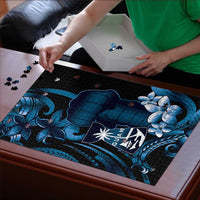 Blue Hafa Adai Guam Puzzle Chamorro Latte Stone Hand With Plumeria - Polynesian Pride