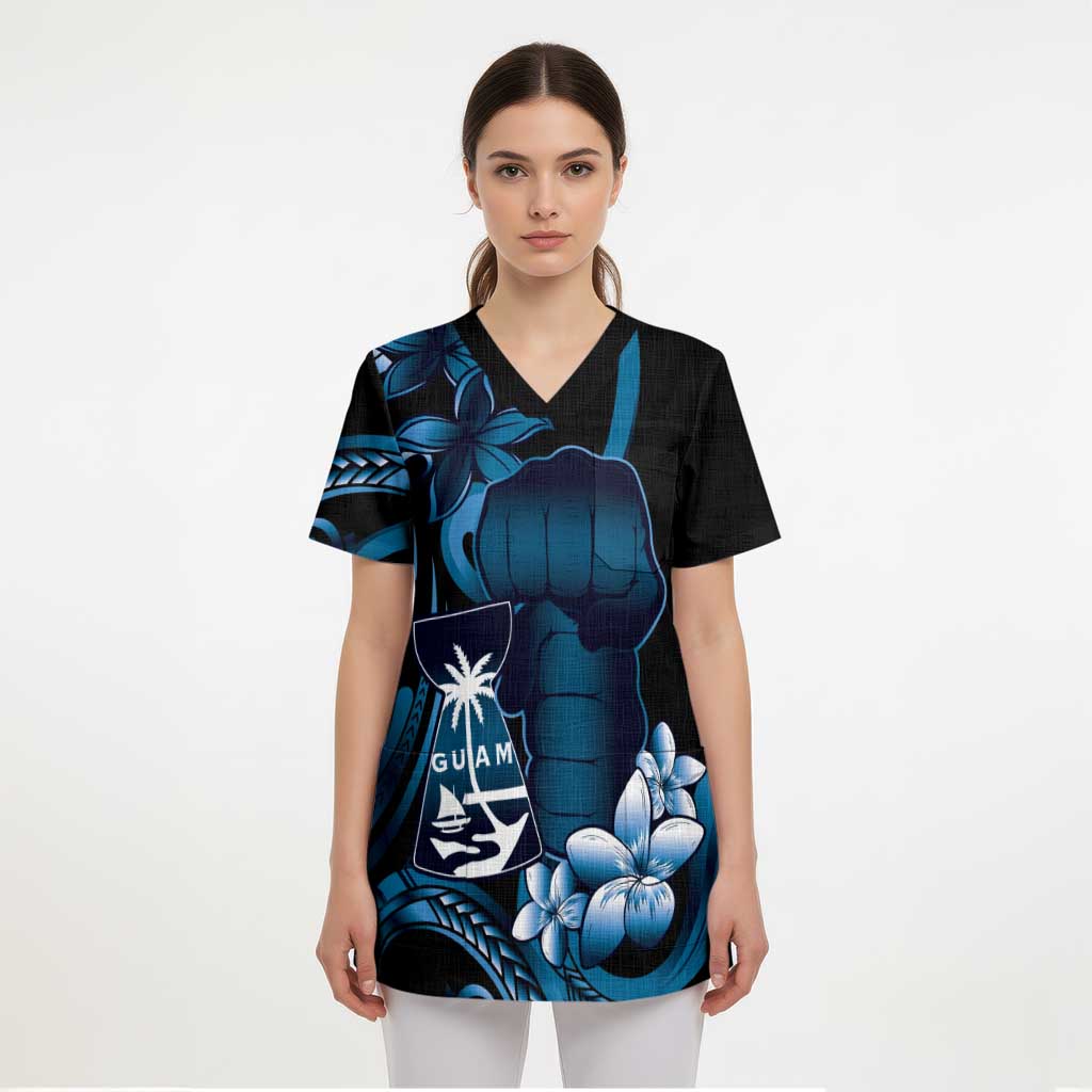 Blue Hafa Adai Guam Scrub Top Chamorro Latte Stone Hand With Plumeria - Polynesian Pride