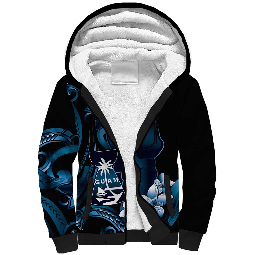 Blue Hafa Adai Guam Sherpa Hoodie Chamorro Latte Stone Hand With Plumeria