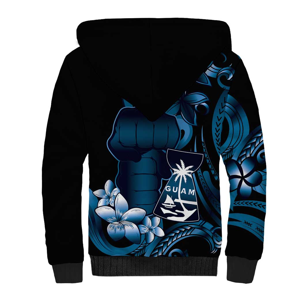 Blue Hafa Adai Guam Sherpa Hoodie Chamorro Latte Stone Hand With Plumeria