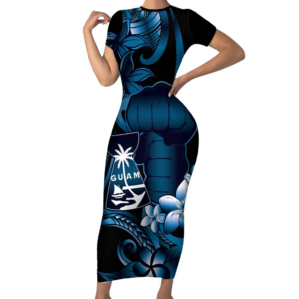 Blue Hafa Adai Guam Short Sleeve Bodycon Dress Chamorro Latte Stone Hand With Plumeria
