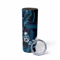 Blue Hafa Adai Guam Skinny Tumbler Chamorro Latte Stone Hand With Plumeria