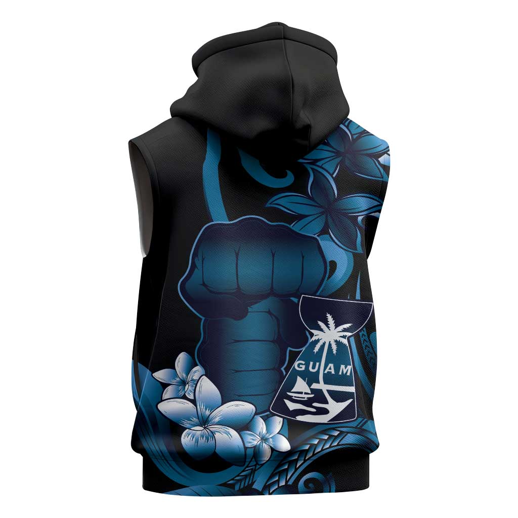 Blue Hafa Adai Guam Sleeveless Hoodie Chamorro Latte Stone Hand With Plumeria - Polynesian Pride