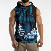 Blue Hafa Adai Guam Sleeveless Hoodie Chamorro Latte Stone Hand With Plumeria - Polynesian Pride