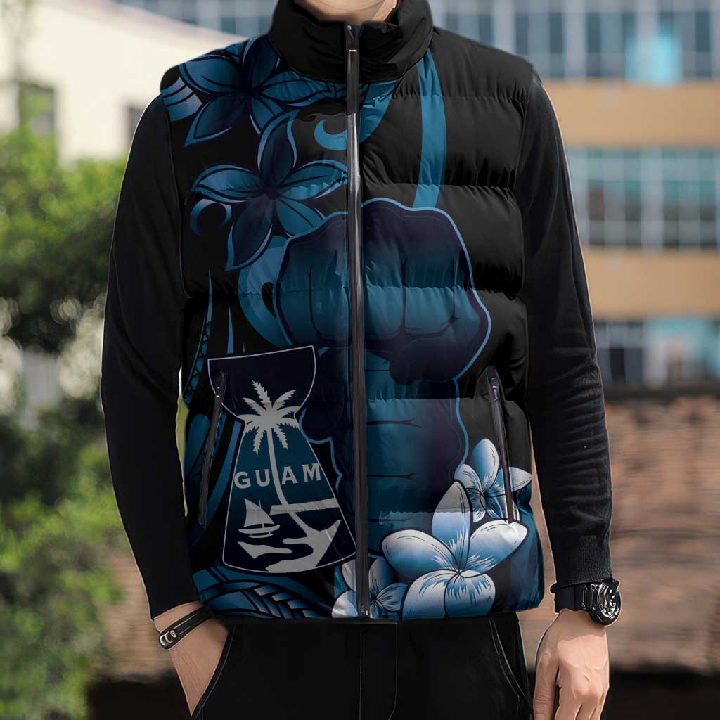 Blue Hafa Adai Guam Sleeveless Puffer Jacket Chamorro Latte Stone Hand With Plumeria - Polynesian Pride