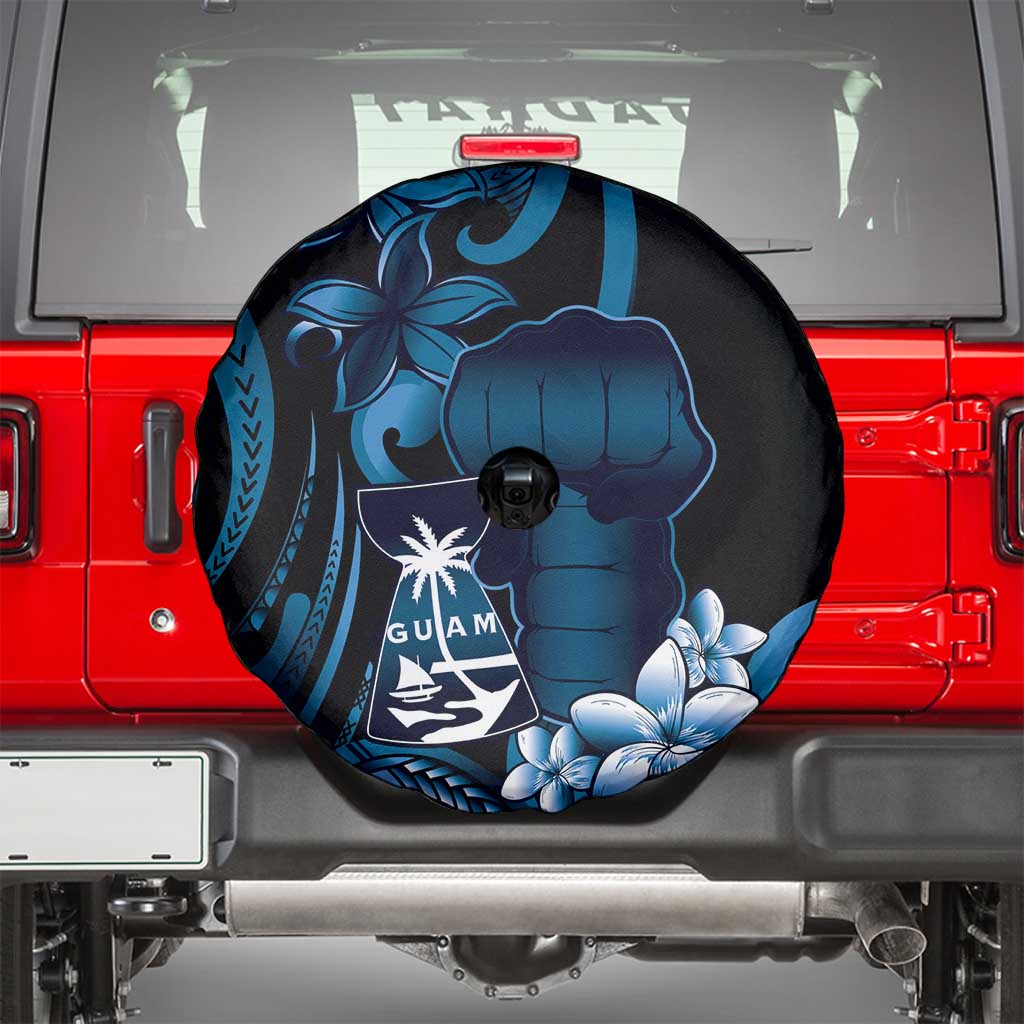 Blue Hafa Adai Guam Spare Tire Cover Chamorro Latte Stone Hand With Plumeria