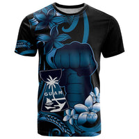 Blue Hafa Adai Guam T Shirt Chamorro Latte Stone Hand With Plumeria
