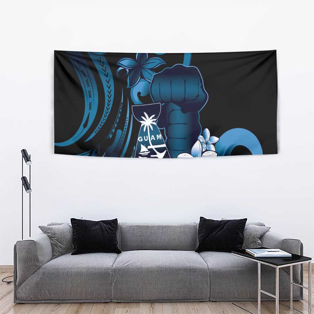 Blue Hafa Adai Guam Tapestry Chamorro Latte Stone Hand With Plumeria