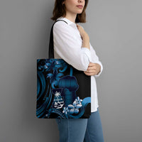 Blue Hafa Adai Guam Tote Bag Chamorro Latte Stone Hand With Plumeria - Polynesian Pride