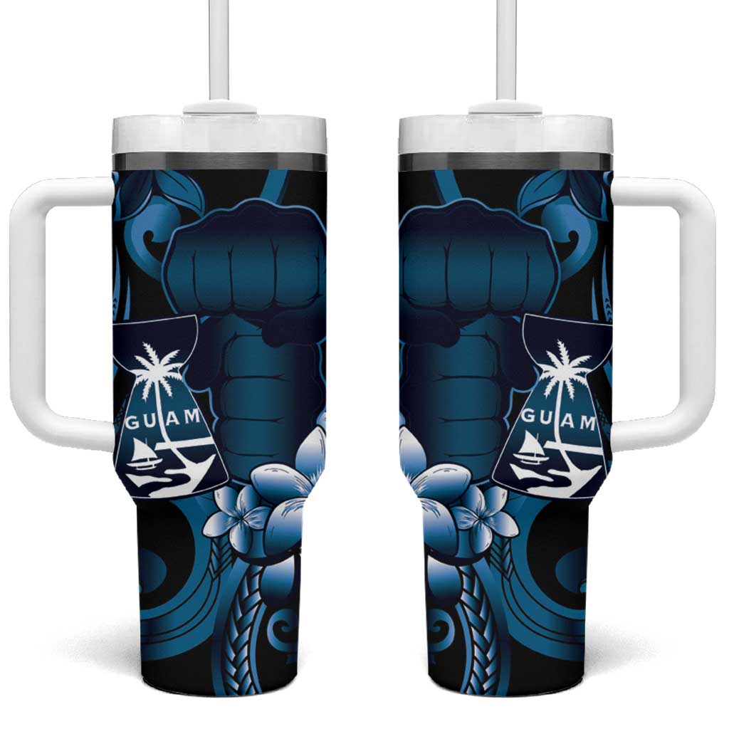 Blue Hafa Adai Guam Tumbler With Handle Chamorro Latte Stone Hand With Plumeria