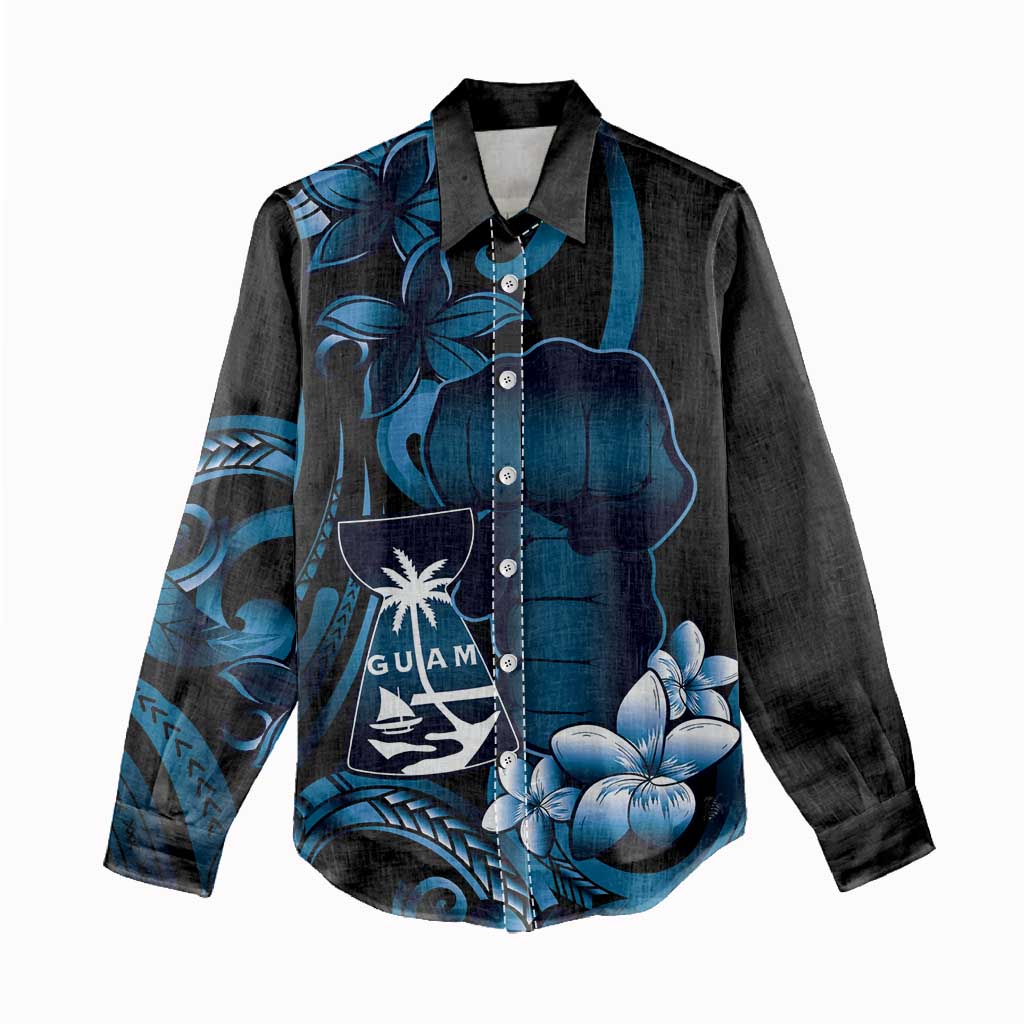 Blue Hafa Adai Guam Women Casual Shirt Chamorro Latte Stone Hand With Plumeria