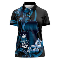 Blue Hafa Adai Guam Women Polo Shirt Chamorro Latte Stone Hand With Plumeria