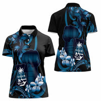Blue Hafa Adai Guam Women Polo Shirt Chamorro Latte Stone Hand With Plumeria