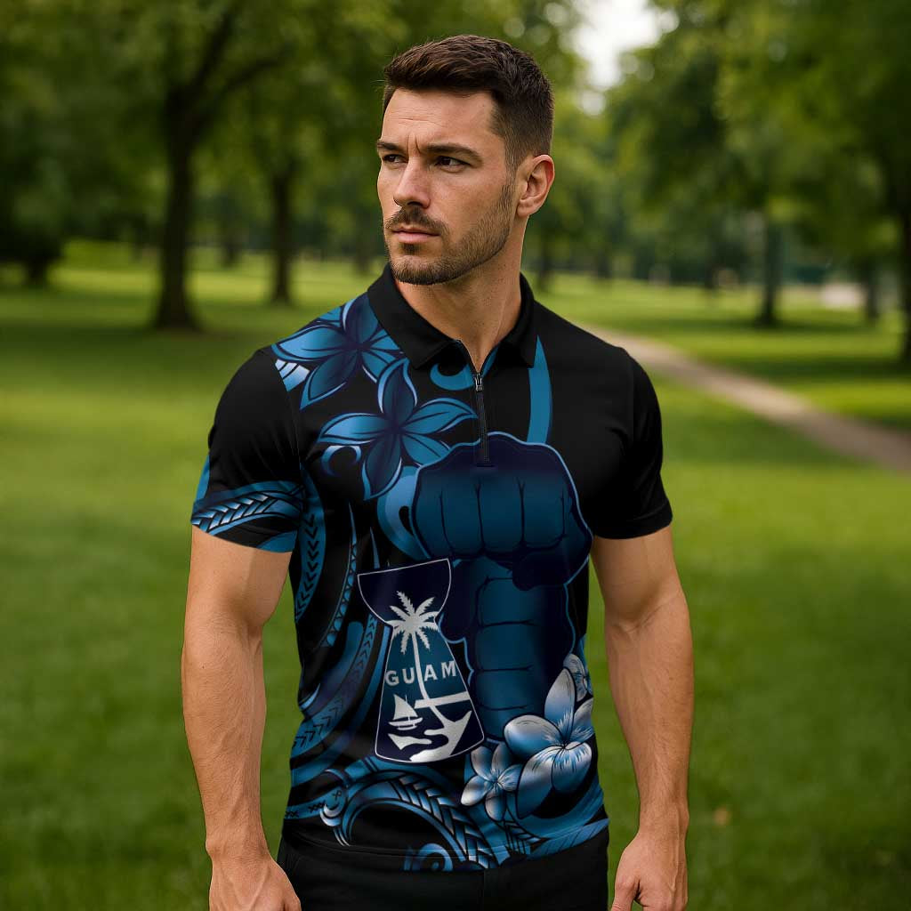 Blue Hafa Adai Guam Zipper Polo Shirt Chamorro Latte Stone Hand With Plumeria - Polynesian Pride