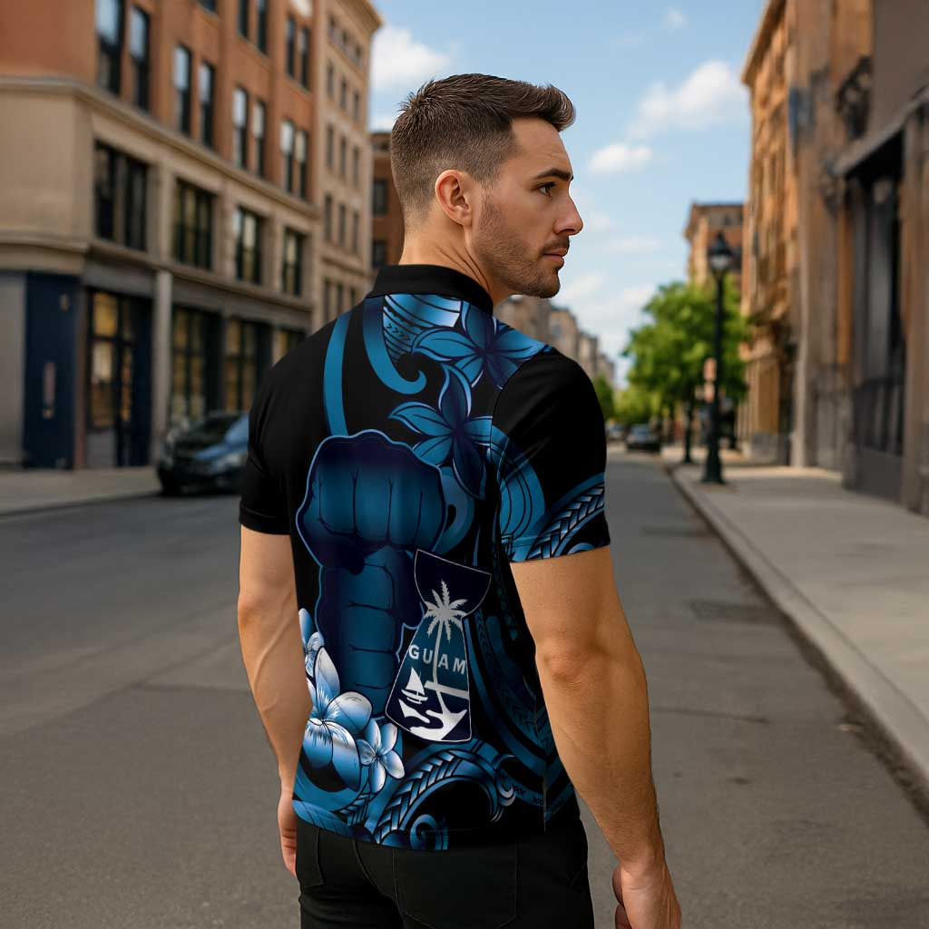 Blue Hafa Adai Guam Zipper Polo Shirt Chamorro Latte Stone Hand With Plumeria - Polynesian Pride