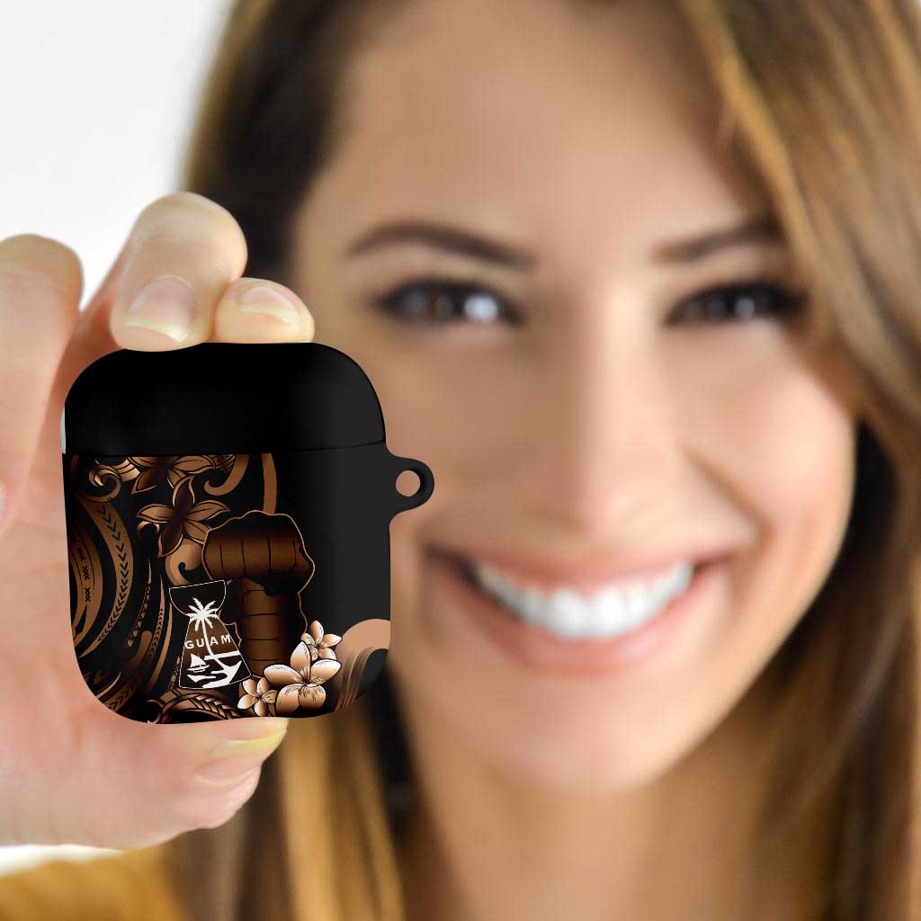 Brown Hafa Adai Guam AirPods Case Chamorro Latte Stone Hand With Plumeria - Polynesian Pride