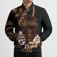 Brown Hafa Adai Guam Bomber Puffer Jacket Chamorro Latte Stone Hand With Plumeria - Polynesian Pride