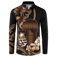 Brown Hafa Adai Guam Button Sweatshirt Chamorro Latte Stone Hand With Plumeria