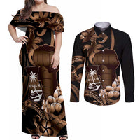 Brown Hafa Adai Guam Couples Matching Off Shoulder Maxi Dress and Long Sleeve Button Shirt Chamorro Latte Stone Hand With Plumeria