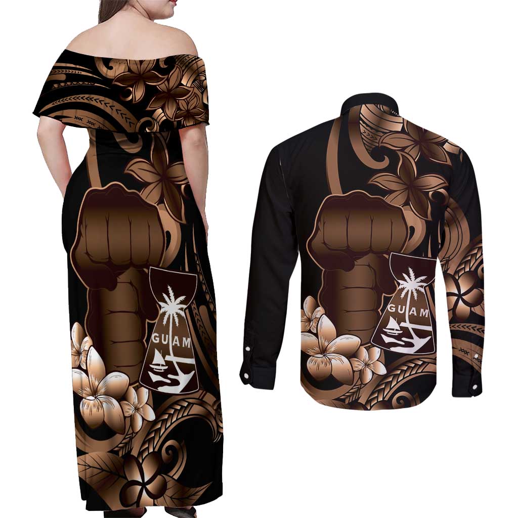 Brown Hafa Adai Guam Couples Matching Off Shoulder Maxi Dress and Long Sleeve Button Shirt Chamorro Latte Stone Hand With Plumeria