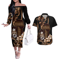Brown Hafa Adai Guam Couples Matching Off The Shoulder Long Sleeve Dress and Hawaiian Shirt Chamorro Latte Stone Hand With Plumeria LT14 Brown - Polynesian Pride