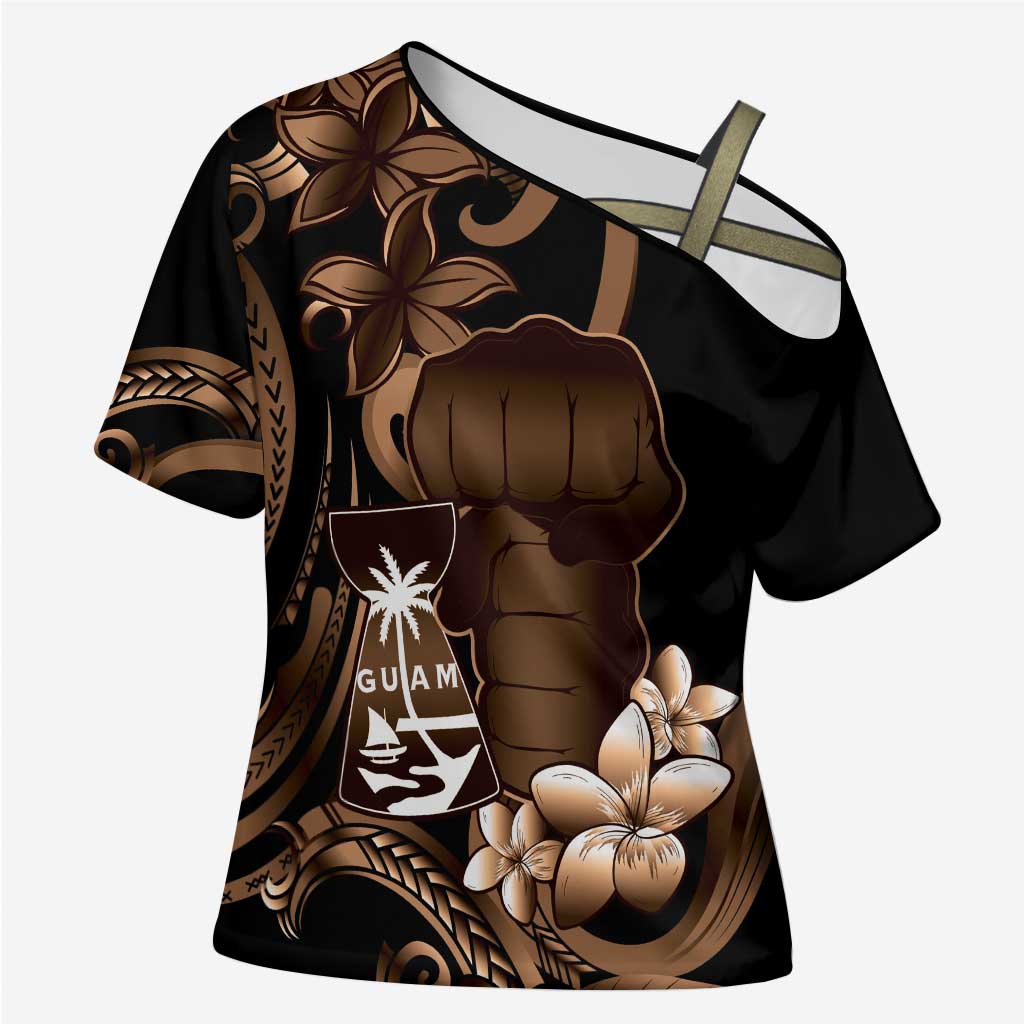 Brown Hafa Adai Guam Cross Shoulder Shirt Chamorro Latte Stone Hand With Plumeria - Polynesian Pride