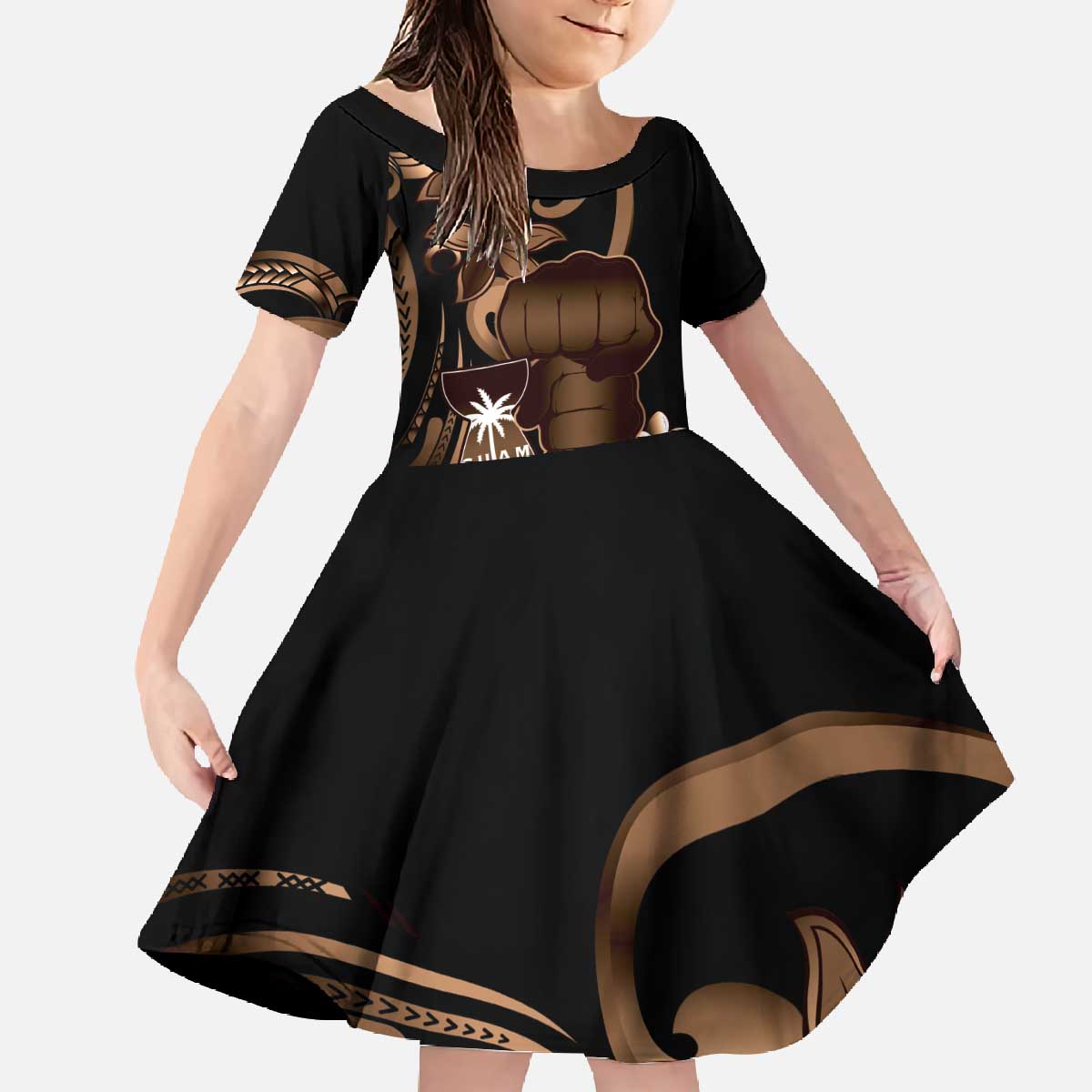 Brown Hafa Adai Guam Family Matching Off The Shoulder Long Sleeve Dress and Hawaiian Shirt Chamorro Latte Stone Hand With Plumeria LT14 Daughter's Dress Brown - Polynesian Pride