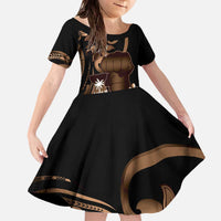 Brown Hafa Adai Guam Family Matching Off The Shoulder Long Sleeve Dress and Hawaiian Shirt Chamorro Latte Stone Hand With Plumeria LT14 Daughter's Dress Brown - Polynesian Pride