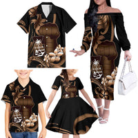 Brown Hafa Adai Guam Family Matching Off The Shoulder Long Sleeve Dress and Hawaiian Shirt Chamorro Latte Stone Hand With Plumeria LT14 - Polynesian Pride