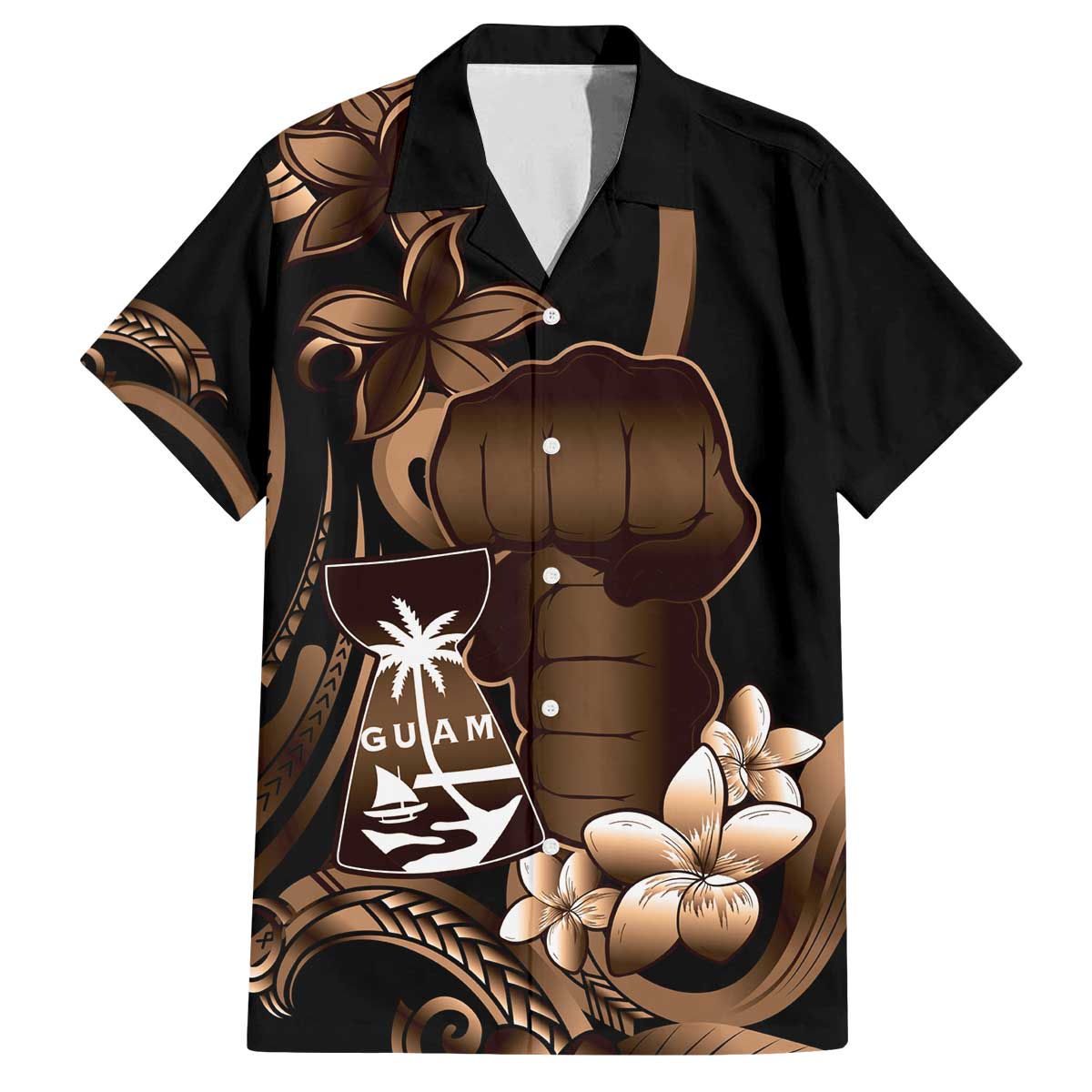 Brown Hafa Adai Guam Family Matching Off The Shoulder Long Sleeve Dress and Hawaiian Shirt Chamorro Latte Stone Hand With Plumeria LT14 Dad's Shirt - Short Sleeve Brown - Polynesian Pride