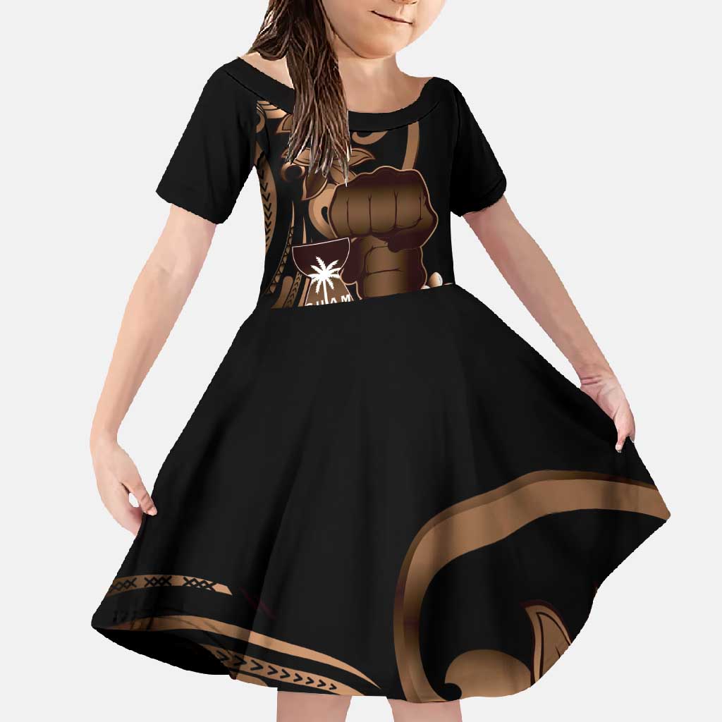 Brown Hafa Adai Guam Family Matching Off Shoulder Maxi Dress and Hawaiian Shirt Chamorro Latte Stone Hand With Plumeria LT14 Daughter's Dress Brown - Polynesian Pride