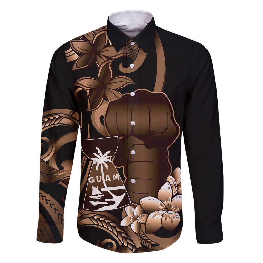 Brown Hafa Adai Guam Family Matching Off Shoulder Maxi Dress and Hawaiian Shirt Chamorro Latte Stone Hand With Plumeria LT14 Dad's Shirt - Long Sleeve Brown - Polynesian Pride