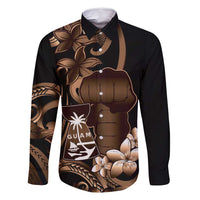Brown Hafa Adai Guam Family Matching Off Shoulder Maxi Dress and Hawaiian Shirt Chamorro Latte Stone Hand With Plumeria LT14 Dad's Shirt - Long Sleeve Brown - Polynesian Pride