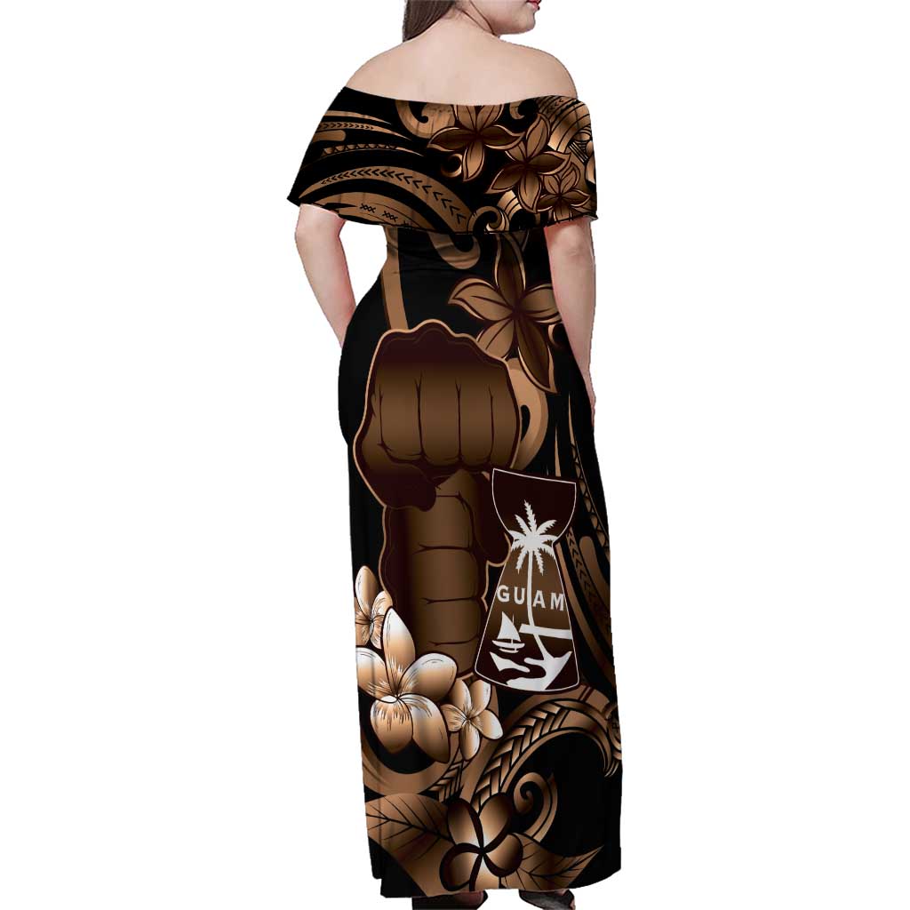 Brown Hafa Adai Guam Family Matching Off Shoulder Maxi Dress and Hawaiian Shirt Chamorro Latte Stone Hand With Plumeria LT14 - Polynesian Pride