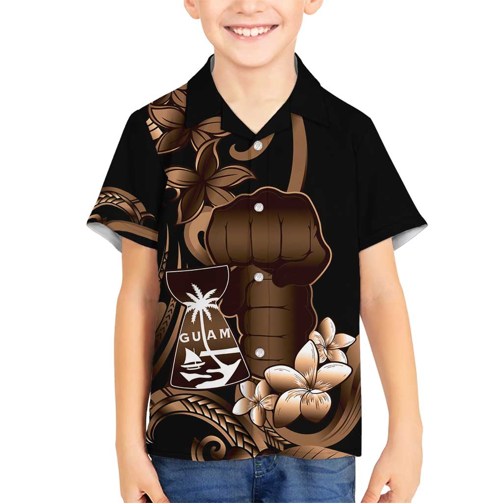 Brown Hafa Adai Guam Family Matching Off Shoulder Maxi Dress and Hawaiian Shirt Chamorro Latte Stone Hand With Plumeria LT14 Son's Shirt Brown - Polynesian Pride