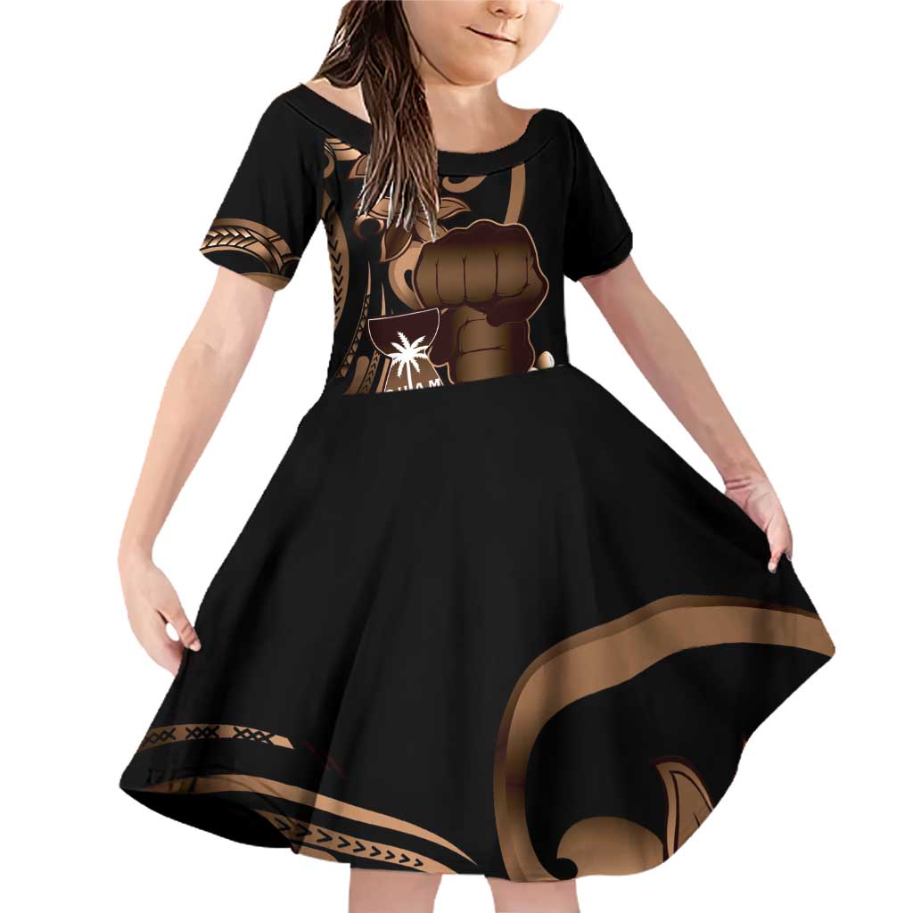Brown Hafa Adai Guam Family Matching Off Shoulder Short Dress and Hawaiian Shirt Chamorro Latte Stone Hand With Plumeria LT14 Daughter's Dress Brown - Polynesian Pride