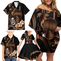 Brown Hafa Adai Guam Family Matching Off Shoulder Short Dress and Hawaiian Shirt Chamorro Latte Stone Hand With Plumeria LT14 - Polynesian Pride