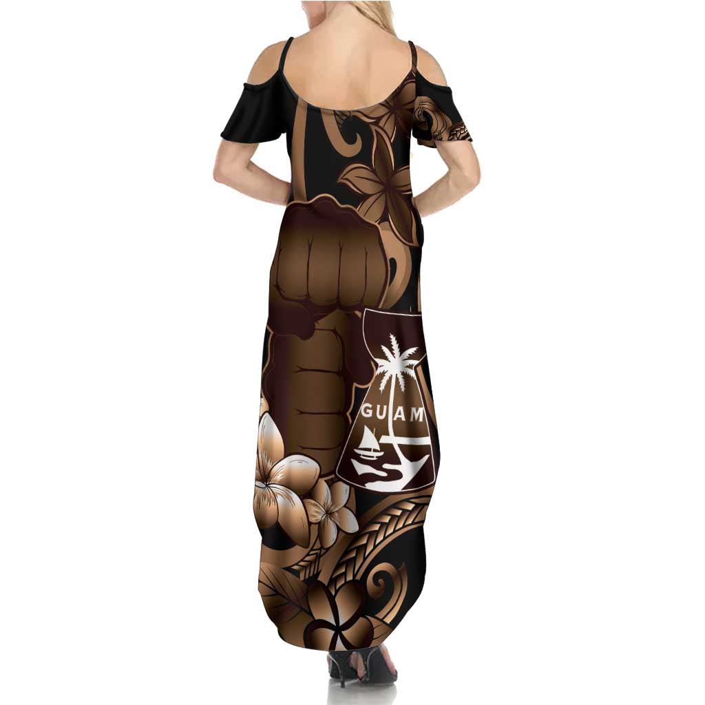 Brown Hafa Adai Guam Family Matching Summer Maxi Dress and Hawaiian Shirt Chamorro Latte Stone Hand With Plumeria