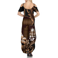 Brown Hafa Adai Guam Family Matching Summer Maxi Dress and Hawaiian Shirt Chamorro Latte Stone Hand With Plumeria