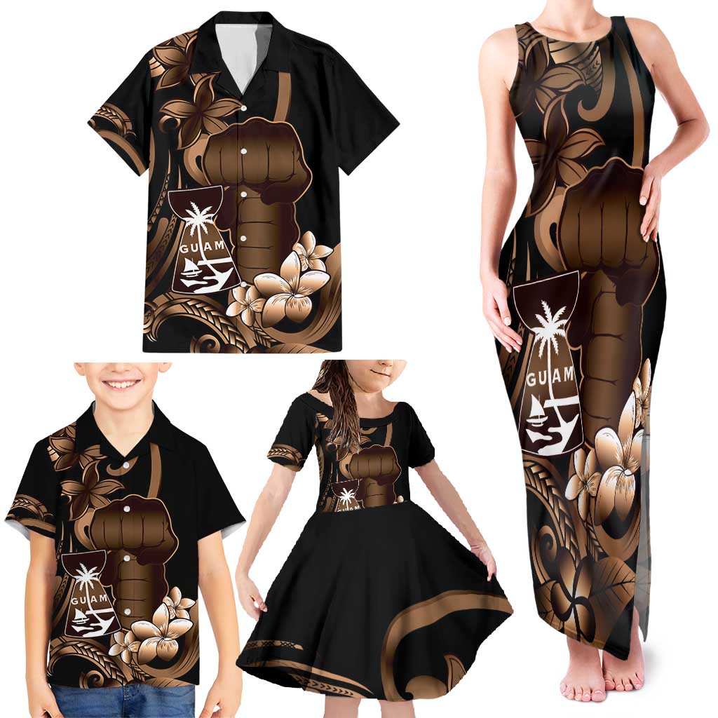 Brown Hafa Adai Guam Family Matching Tank Maxi Dress and Hawaiian Shirt Chamorro Latte Stone Hand With Plumeria
