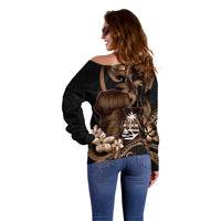 Brown Hafa Adai Guam Off Shoulder Sweater Chamorro Latte Stone Hand With Plumeria
